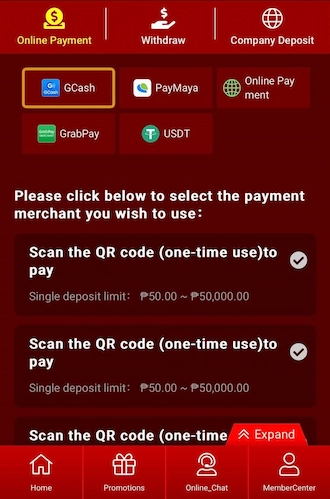 Step 2: Select payment method via GCash. The system will display GCash payment channels, please select a suitable one.