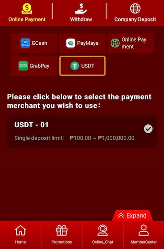 Step 1: Select USDT as a payment method and choose a payment channel displayed by the system below.