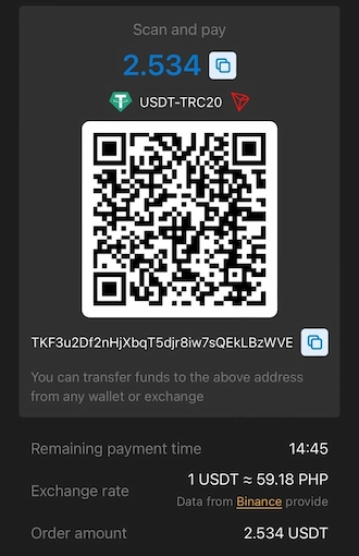 Step 3: QR code and cryptocurrency wallet address appear. Open your cryptocurrency wallet and make a transfer via a QR code or FC777 wallet address.