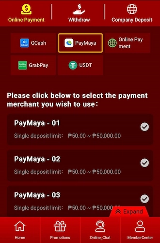 Step 1: Players access our deposit interface and select the PayMaya method. 