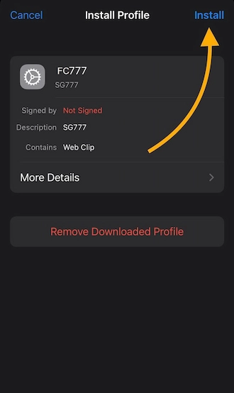 Step 4: Once the profile has been downloaded, go to your iPhone settings and select the FC777 profile. Continue to click "Install".