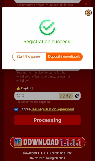 Step 4: You receive a successful registration notification and can experience betting games