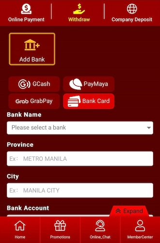 Step 2: Select the type of account you want to add, the types are GCash, PayMaya, GrabPay, and Bank Card.